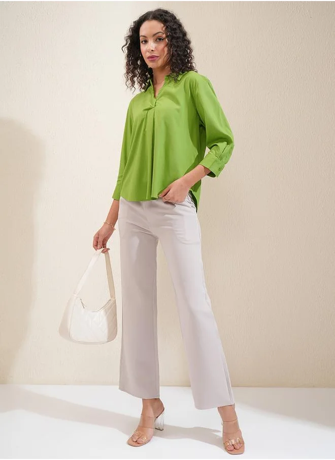 طوكيو توكيز Solid Curved Hem Collared Blouse