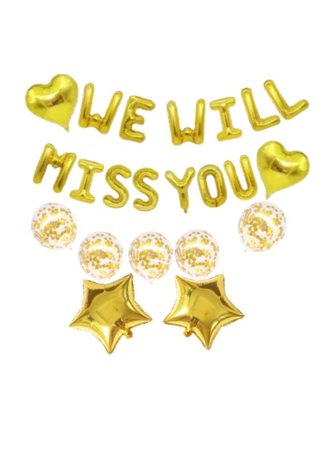 “We Will Miss You Gold Foil Balloon Banner Set with Heart, Star & Confetti Latex Balloons for Farewell, Retirement & Office Party Decoration” - Image 1