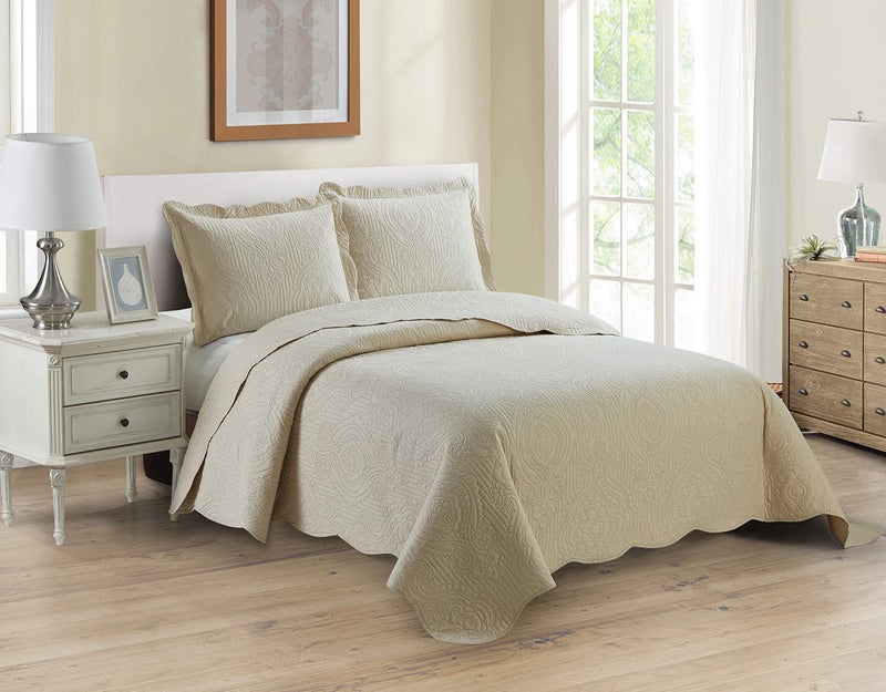 Home Collection 3pc Full/Queen Over Size Luxury Embossed Bedspread Set Light Weight Solid Beige New - Image 1