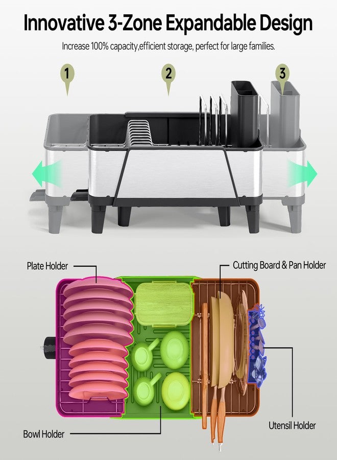 Urackify Triple Expandable Dish Drying Rack, Extra Large Dish Rack for Kitchen Counter, Stainless Steel Dish Drying Rack, Foldable Dishes Drainer, Extendable Dish Strainer with Utensil & Pans Holder, Black - Image 2