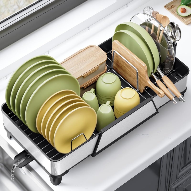 Urackify Triple Expandable Dish Drying Rack, Extra Large Dish Rack for Kitchen Counter, Stainless Steel Dish Drying Rack, Foldable Dishes Drainer, Extendable Dish Strainer with Utensil & Pans Holder, Black - Image 1