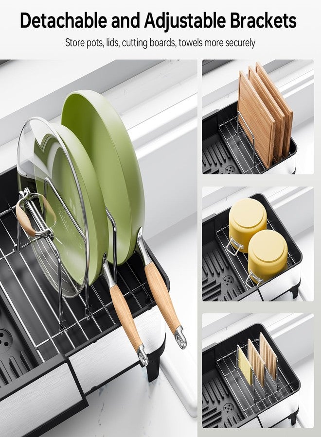 Urackify Triple Expandable Dish Drying Rack, Extra Large Dish Rack for Kitchen Counter, Stainless Steel Dish Drying Rack, Foldable Dishes Drainer, Extendable Dish Strainer with Utensil & Pans Holder, Black - Image 4