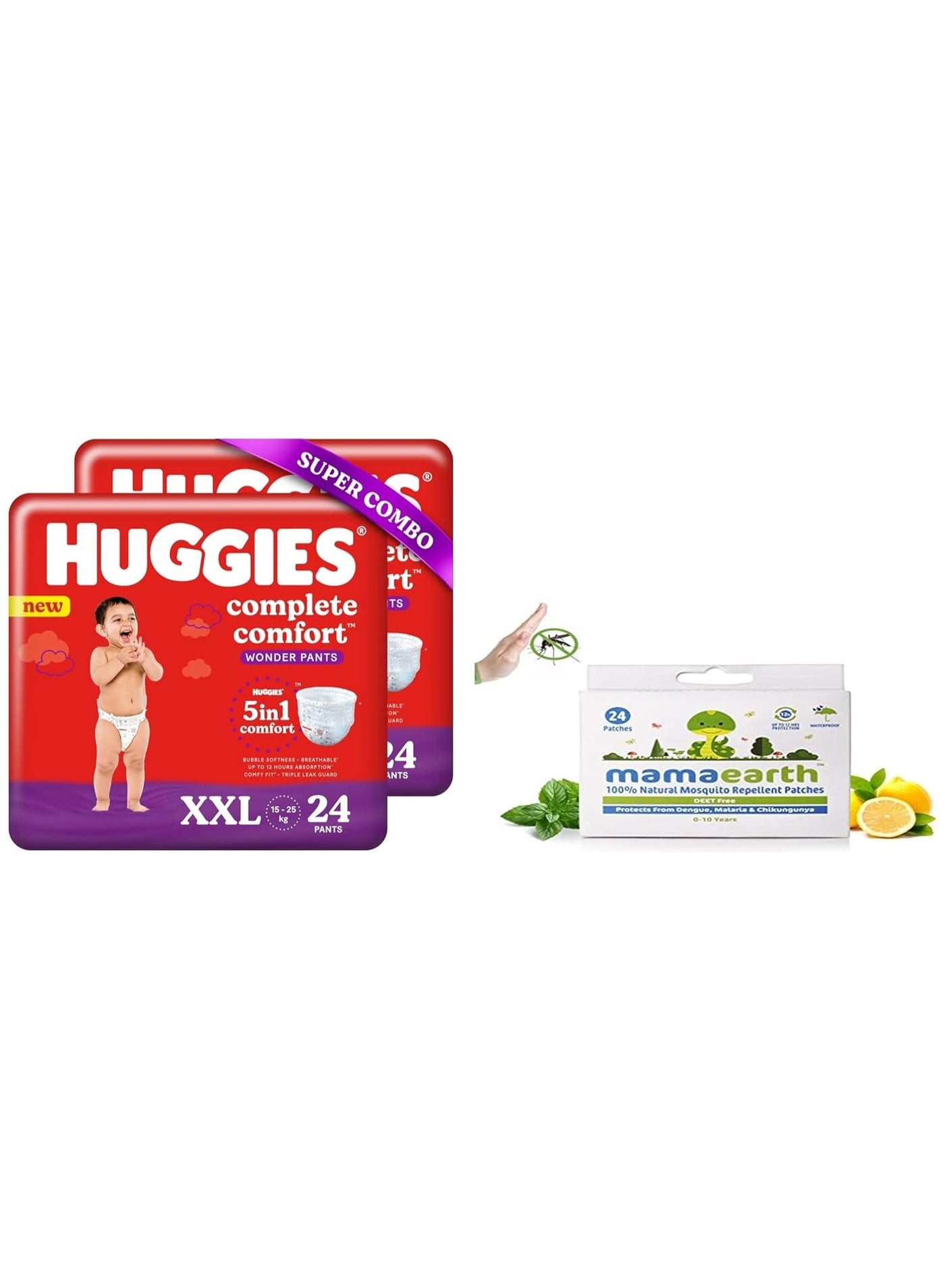 Huggies Complete Comfort Wonder Pants, Double Extra Large (XXL) Combo Pack of 2, 24 count Per Pack, (48 count) & Mamaearth Natural Repellent Mosquito Patches For Babies with 12 Hour Protection