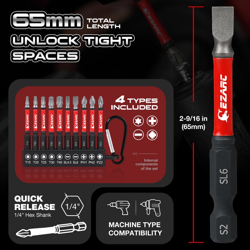 EZARC Diamond Tip Screwdriver Bit Set, Anti-Slip Magnetic 2-9/16"(65mm) Torx Phillips Pozidriv Slotted Bits, S2 Alloy Steel, 1/4" Hex Shank for Impact Driver & Power Drill, 10-Piece - Image 5