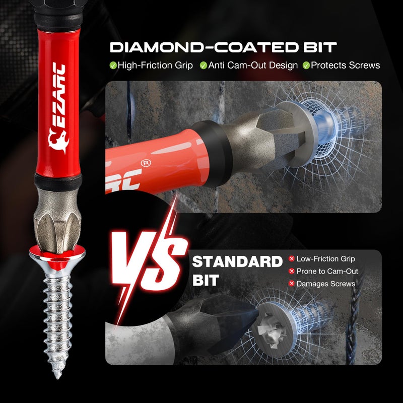 EZARC Diamond Tip Screwdriver Bit Set, Anti-Slip Magnetic 2-9/16"(65mm) Torx Phillips Pozidriv Slotted Bits, S2 Alloy Steel, 1/4" Hex Shank for Impact Driver & Power Drill, 10-Piece - Image 4