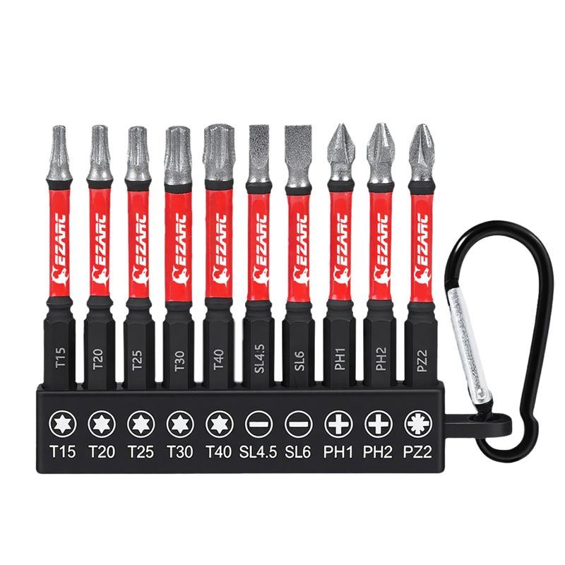 EZARC Diamond Tip Screwdriver Bit Set, Anti-Slip Magnetic 2-9/16"(65mm) Torx Phillips Pozidriv Slotted Bits, S2 Alloy Steel, 1/4" Hex Shank for Impact Driver & Power Drill, 10-Piece - Image 1