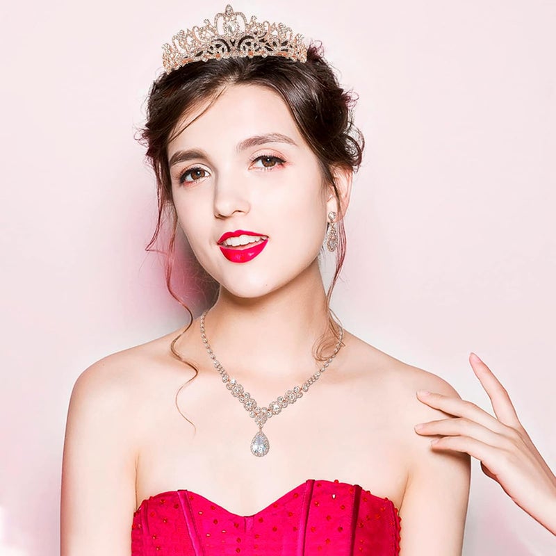 Cocide Silver Jewelry Set for Women Crystal Tiara and Necklace Kit for Girls Rhinestone Crown Earrings Neck Accessories for Bride Wedding Birthday Party Bridal Prom Bridesmaid Dress up - Image 2