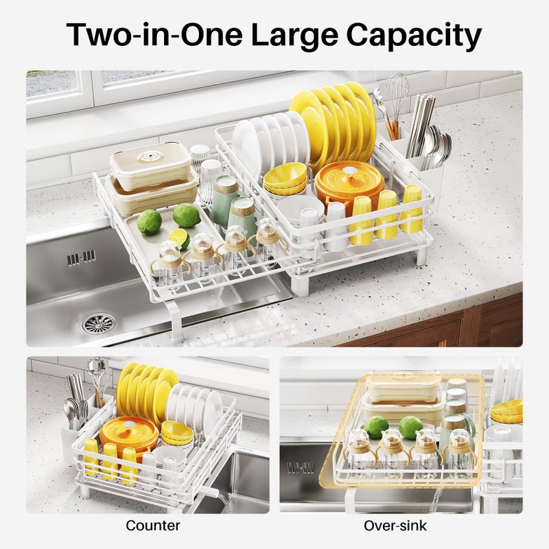 SNTD Dish Drying Rack - Extendable Dish Rack, Large Sink Drying Dish Drainer for Kitchen Counter, Stainless Steel Dish Strainer with Utensil Holder (White) - Image 3