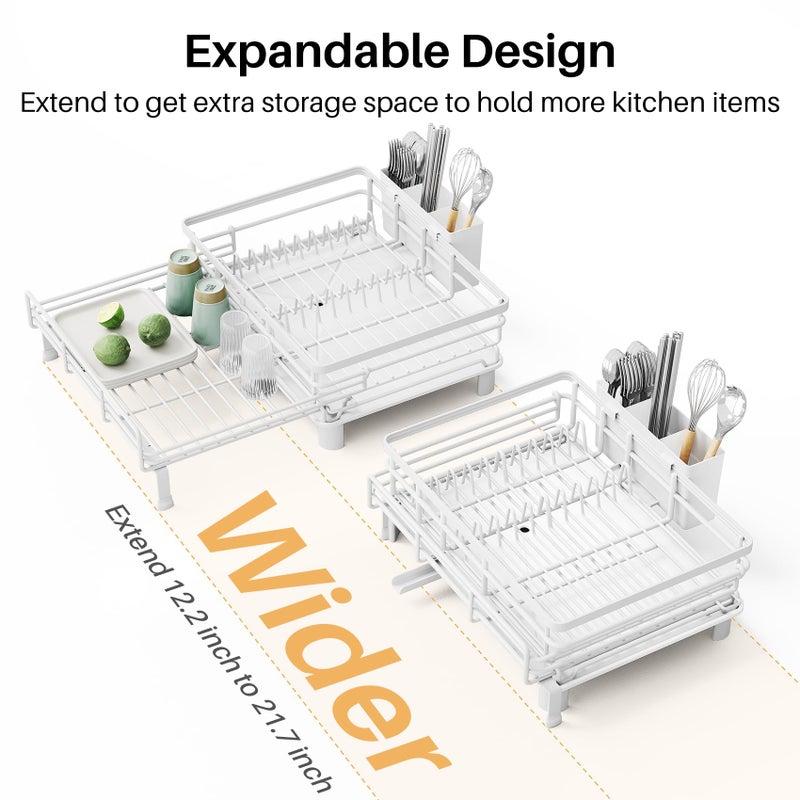 SNTD Dish Drying Rack - Extendable Dish Rack, Large Sink Drying Dish Drainer for Kitchen Counter, Stainless Steel Dish Strainer with Utensil Holder (White) - Image 5