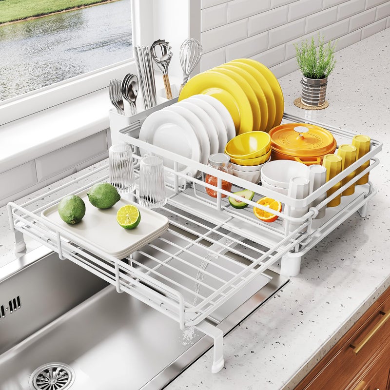 SNTD Dish Drying Rack - Extendable Dish Rack, Large Sink Drying Dish Drainer for Kitchen Counter, Stainless Steel Dish Strainer with Utensil Holder (White) - Image 1