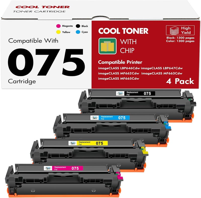 كول تونر مجموعة خرطوشة حبر 075 075H LBP646Cdw MF665CDW MF662CDW بديلة متوافقة مع Canon Color ImageCLASS MF663Cdw LBP647Cdw MF660c LBP640c عبوة 4 عالية الإنتاجية (أسود سماوي أصفر أرجواني) - Image 1