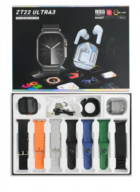 Smart watch set with seven replacement straps and a stylish Bluetooth headset