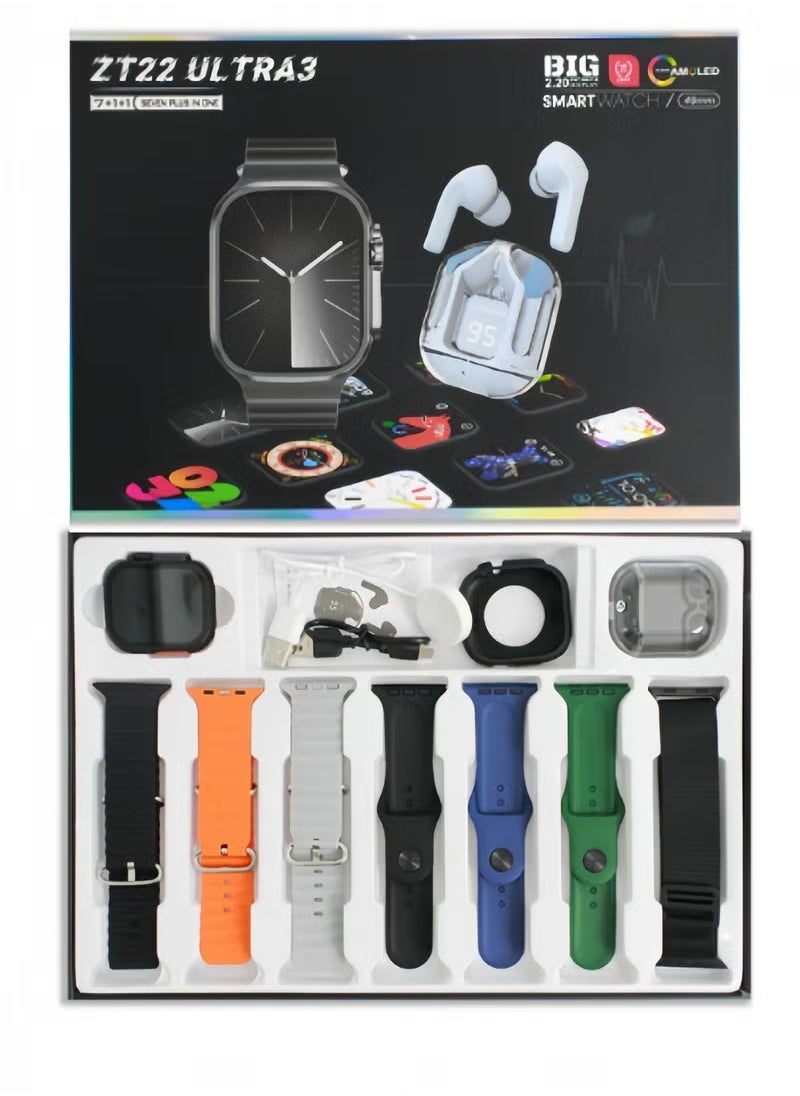 Smart watch set with seven replacement straps and a stylish Bluetooth headset