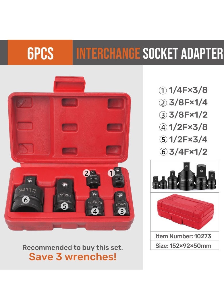 Hi-Spec - 6 Piece Impact Adapter and Reducer Socket Set, 1/4 3/8 1/2 3/4 Inch Female To Male Air Square Drive and Wrench Conversion Kit, Cr-Mo Steel, Ball Detent, Hand Tools With Case - Image 1