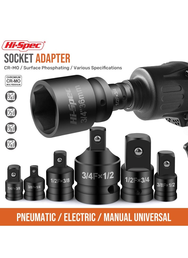Hi-Spec - 6 Piece Impact Adapter and Reducer Socket Set, 1/4 3/8 1/2 3/4 Inch Female To Male Air Square Drive and Wrench Conversion Kit, Cr-Mo Steel, Ball Detent, Hand Tools With Case - Image 1