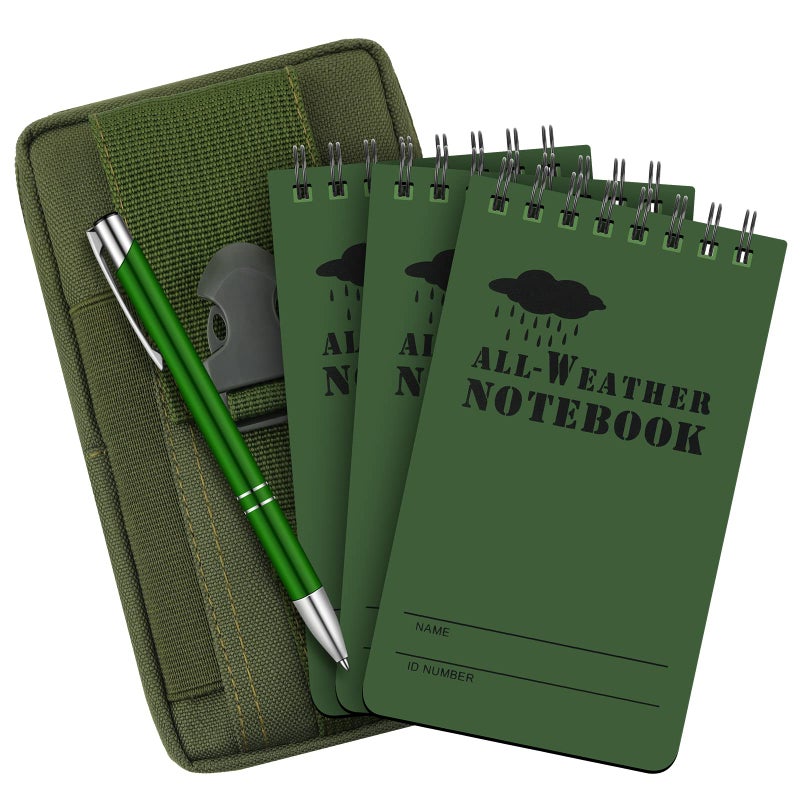 Eaasty Waterproof Notebook and Pen Set 3 x 5 Inch Pocket Tactical Notebook with 1 Metal Weatherproof Pen and 1 Fabric Cover for Outdoor Activities Recording(Army Green,5 Pcs) - Image 1