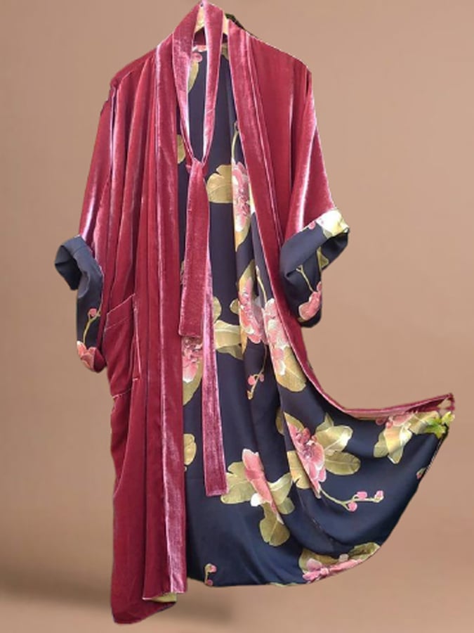 2023 Plus Size Korean Velvet Long Belted Floral Cardigan Dress vermilion - Image 1