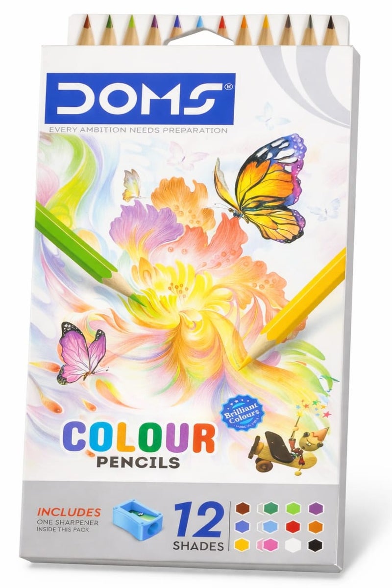 DOMS Colour Pencils – 12 Bright Shades with Sharpener | Hexagonal Smooth Coloring Pencils - Image 1