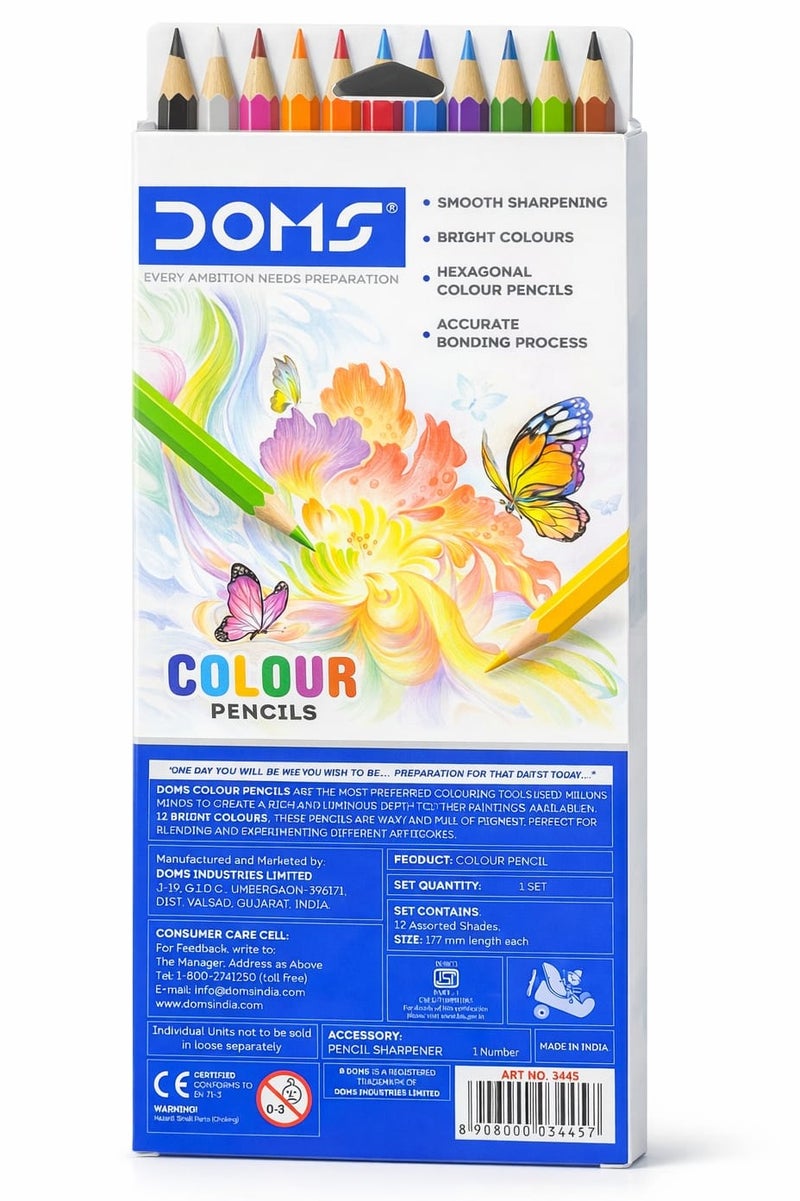 DOMS Colour Pencils – 12 Bright Shades with Sharpener | Hexagonal Smooth Coloring Pencils - Image 2