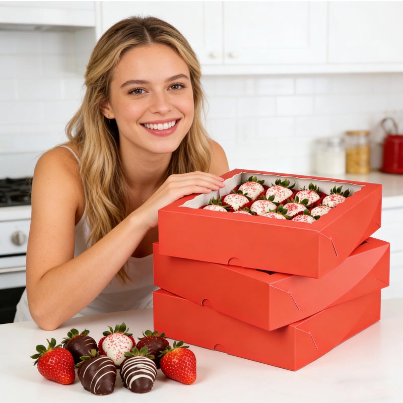 TEMLQPACK 50 Pack 9"x9"x2.5" Pie Boxes Red Bakery Boxes with Window, Pie, Cookies, Chocolate Covered Strawberries, Breakable Heart, Charcuterie Boxes for Christmas - Image 2