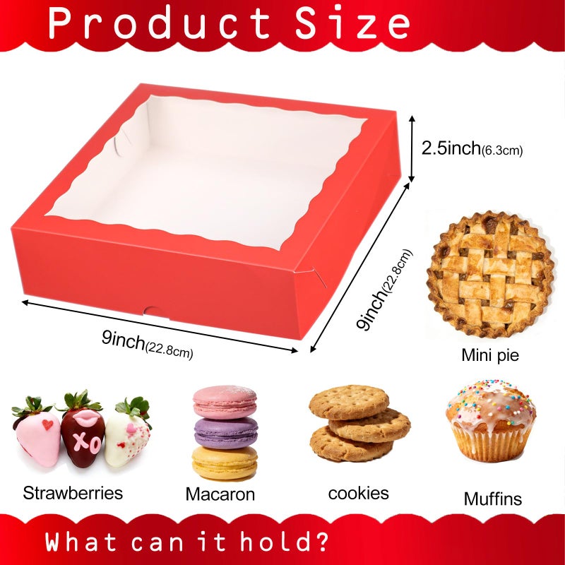 TEMLQPACK 50 Pack 9"x9"x2.5" Pie Boxes Red Bakery Boxes with Window, Pie, Cookies, Chocolate Covered Strawberries, Breakable Heart, Charcuterie Boxes for Christmas - Image 3