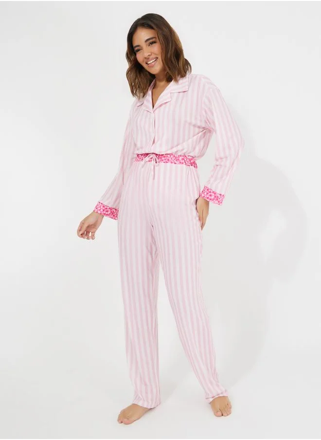 Styli Styli Striped and Floral Contrast Long Sleeve Shirt and Pyjama Set