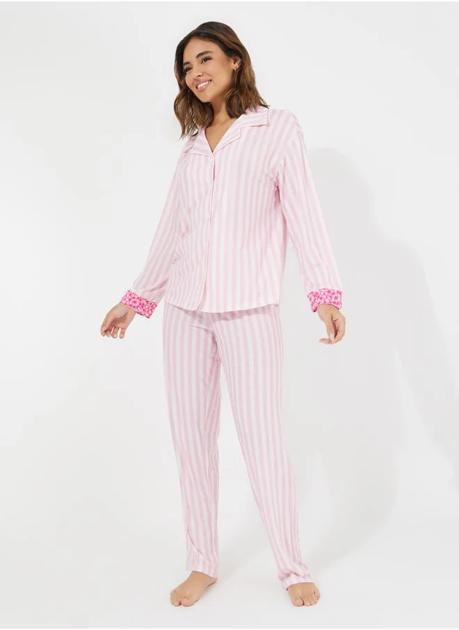 Styli Striped & Floral Contrast Long Sleeve Shirt & Pyjama Set