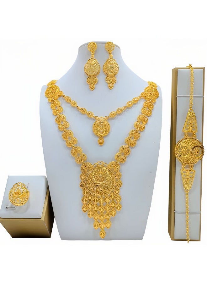 Elegant 4-Piece Gold Plated Bridal Jewelry Set - Necklace, Earrings, Bracelet, Ring