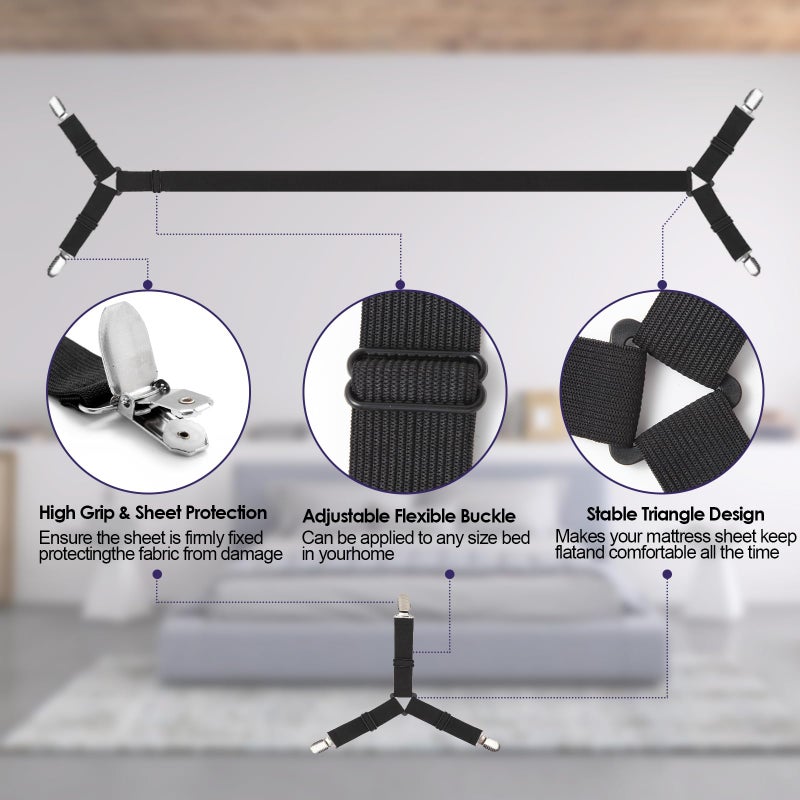 Luyena Bed Sheet Straps,6 PCS Secure and Fitted Sheet Straps for Full Size Bed,Adjustable Sheet Clips Elastic Fasteners Holders for Corners,Enhance Your Sleeping Experience(Black) - Image 4