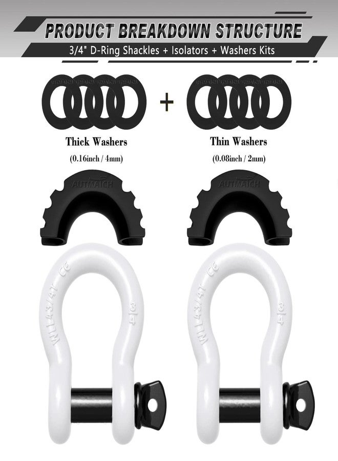 AUTMATCH Shackles 3/4" D Ring Shackle (2 Pack) 41,887Ib Break Strength with 7/8" Screw Pin and Shackle Isolator & Washers Kit for Tow Strap Winch Off Road Jeep Vehicle Recovery White & Black - Image 2