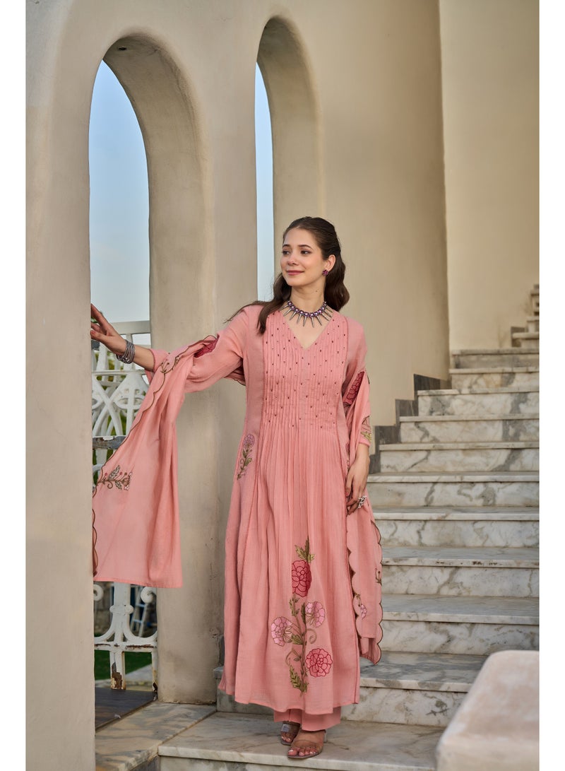 PRIYA’S PANACHE Pink Embroidered Mul Cotton Anarkali Kurta Set for Women | Kurta Pant Dupatta Set | Floral Embroidered Ethnic Indian Wear | Festive & Party Wear | 3 Piece Suit - Image 3