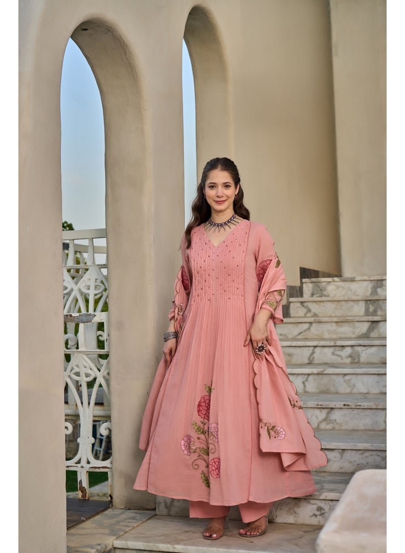 PRIYA’S PANACHE Pink Embroidered Mul Cotton Anarkali Kurta Set for Women | Kurta Pant Dupatta Set | Floral Embroidered Ethnic Indian Wear | Festive & Party Wear | 3 Piece Suit - Image 2