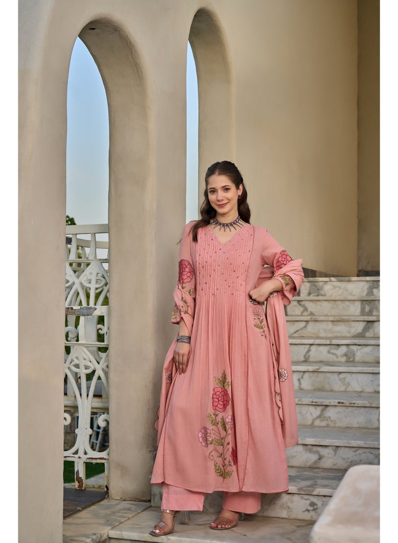 PRIYA’S PANACHE Pink Embroidered Mul Cotton Anarkali Kurta Set for Women | Kurta Pant Dupatta Set | Floral Embroidered Ethnic Indian Wear | Festive & Party Wear | 3 Piece Suit - Image 4