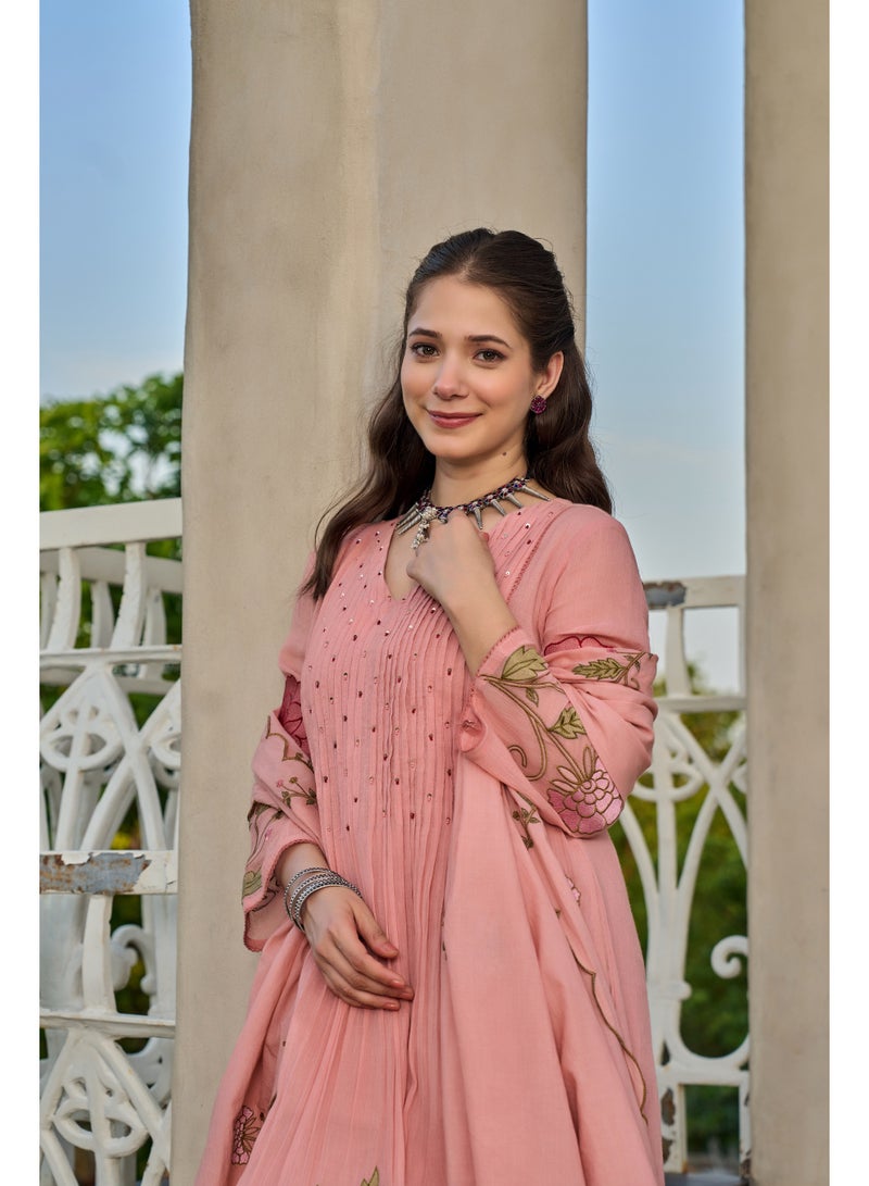 PRIYA’S PANACHE Pink Embroidered Mul Cotton Anarkali Kurta Set for Women | Kurta Pant Dupatta Set | Floral Embroidered Ethnic Indian Wear | Festive & Party Wear | 3 Piece Suit - Image 5