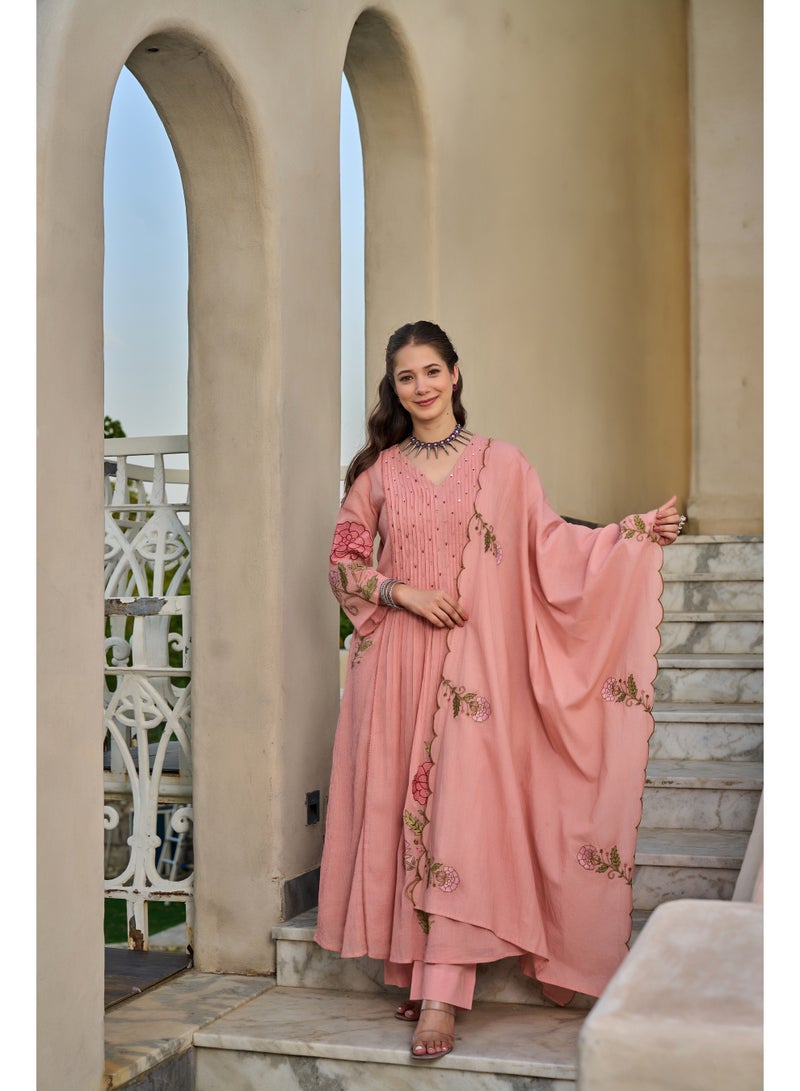 PRIYA’S PANACHE Pink Embroidered Mul Cotton Anarkali Kurta Set for Women | Kurta Pant Dupatta Set | Floral Embroidered Ethnic Indian Wear | Festive & Party Wear | 3 Piece Suit - Image 1