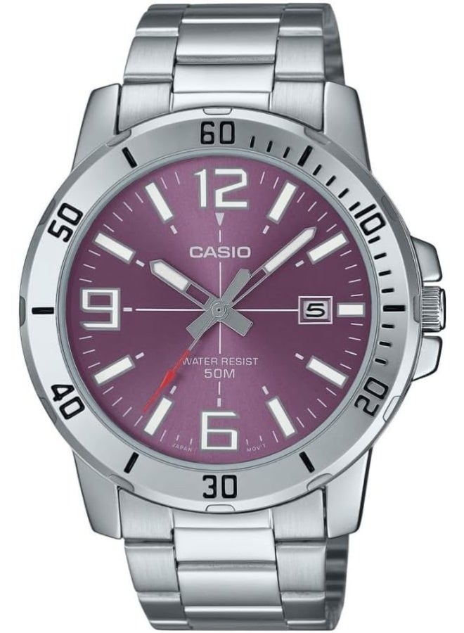 CASIO ساعة رجال بقرص بنفسجي وسوار فضي - Image 1