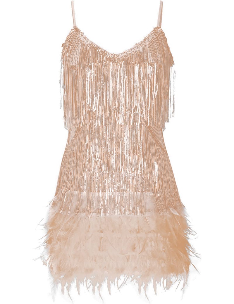 Meilun Women's Sequin Cocktail Dresses 1920s Flapper Dress Gatsby Fringe Mini Dresses Feather Prom Party Dress(A-Beige,M) - Image 1