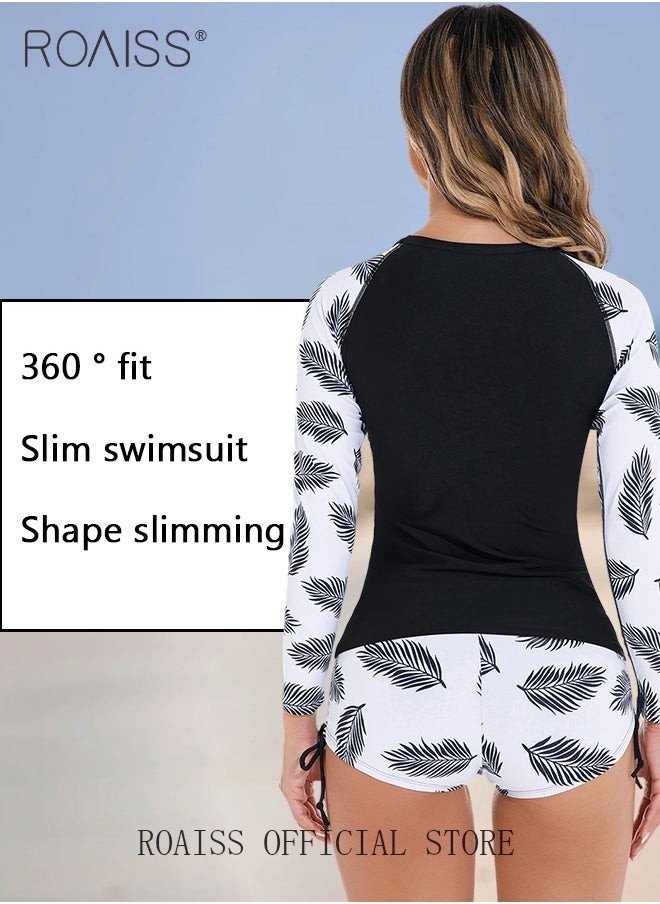 roaiss Women One Piece Swimsuit with Side Tie Boxer Shorts One Piece Beach Suit Women Long Sleeved Sun Protection Surfing Wetsuit  - Image 4