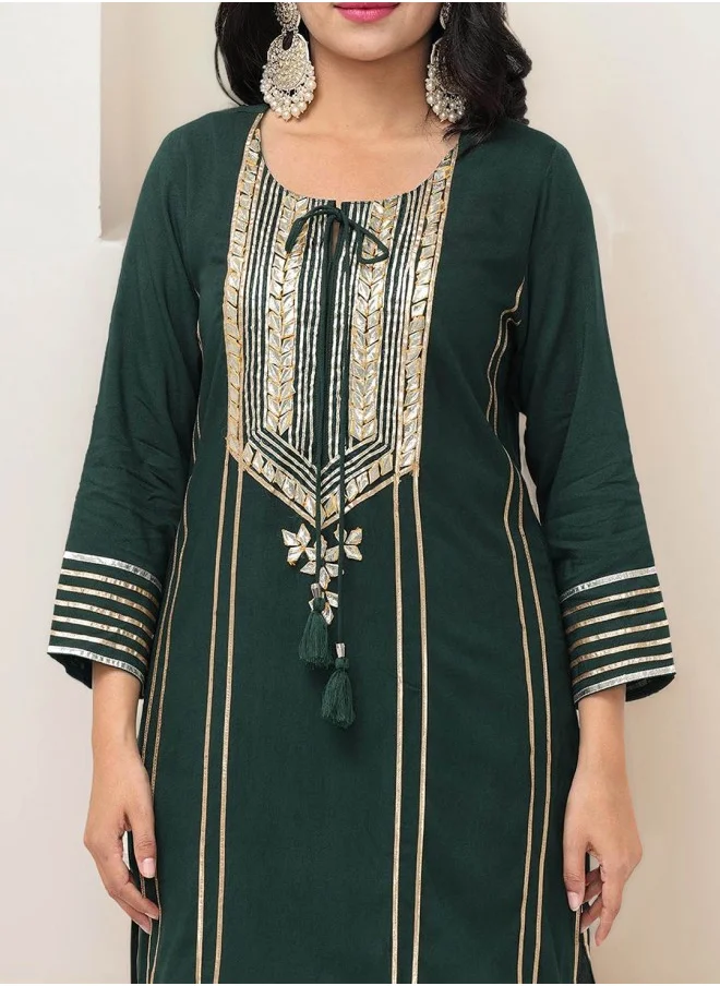 ISHIN Straight Fit Embroidered Pattern Round Neck Three-Quarter Sleeves Green Colour Knitted Cotton Kurta Set for Women with Semi Elastic Closure - Crafted for Elegance and Ease