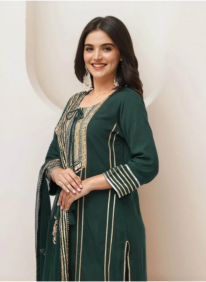 ISHIN Straight Fit Embroidered Pattern Round Neck Three-Quarter Sleeves Green Colour Knitted Cotton Kurta Set for Women with Semi Elastic Closure - Crafted for Elegance and Ease