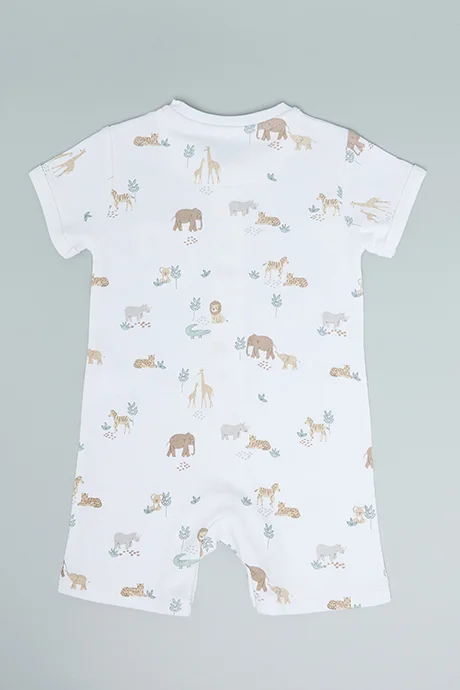 أر أند بي Printed Romper with Stand Collar and Short Sleeves