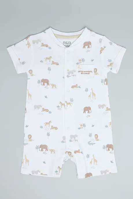 أر أند بي Printed Romper with Stand Collar and Short Sleeves