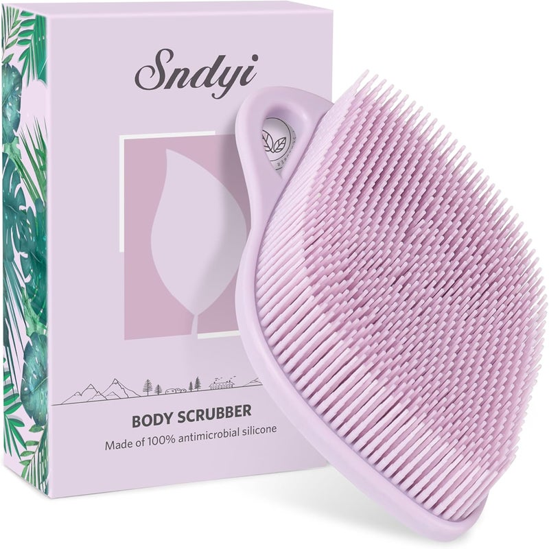 Sndyi Silicone Body Scrubber, Gentle Exfoliating Shower Scrubber for Sensitive Skin, Leaf Shaped Silicone Loofah Body Brush with Lathering Bristles, Purple - Image 1