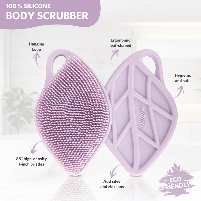 Sndyi Silicone Body Scrubber, Gentle Exfoliating Shower Scrubber for Sensitive Skin, Leaf Shaped Silicone Loofah Body Brush with Lathering Bristles, Purple - Image 2