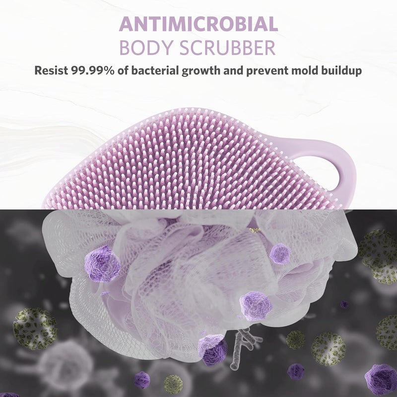Sndyi Silicone Body Scrubber, Gentle Exfoliating Shower Scrubber for Sensitive Skin, Leaf Shaped Silicone Loofah Body Brush with Lathering Bristles, Purple - Image 3