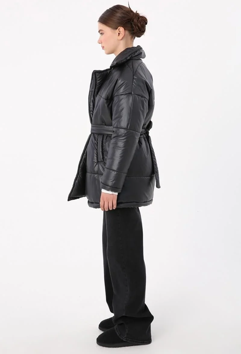 Allday Black-Heart Belt Accessory Puffer Jacket