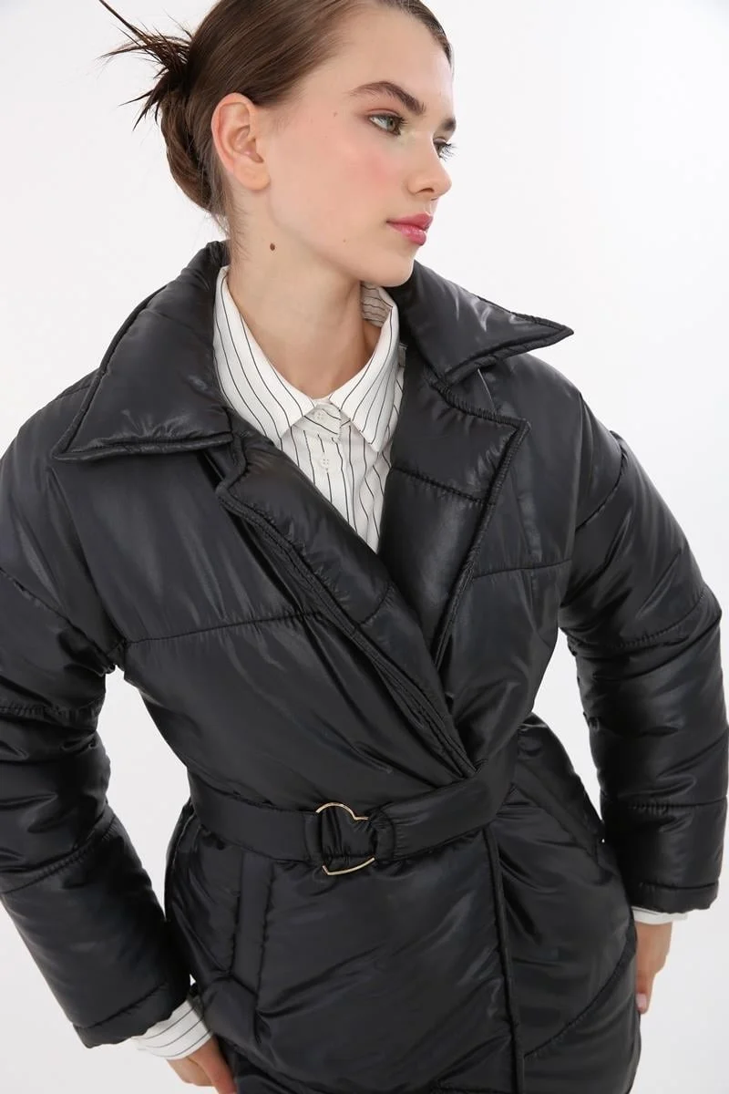 Allday Black-Heart Belt Accessory Puffer Jacket