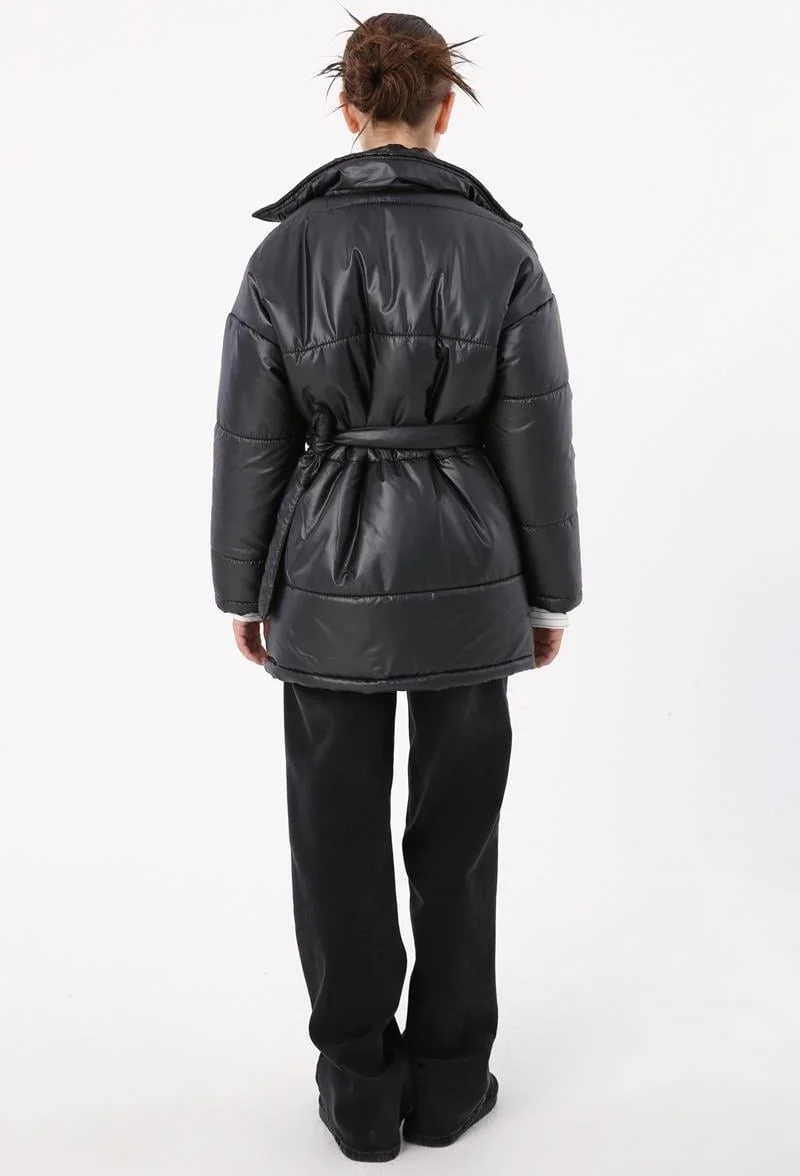 Allday Black-Heart Belt Accessory Puffer Jacket