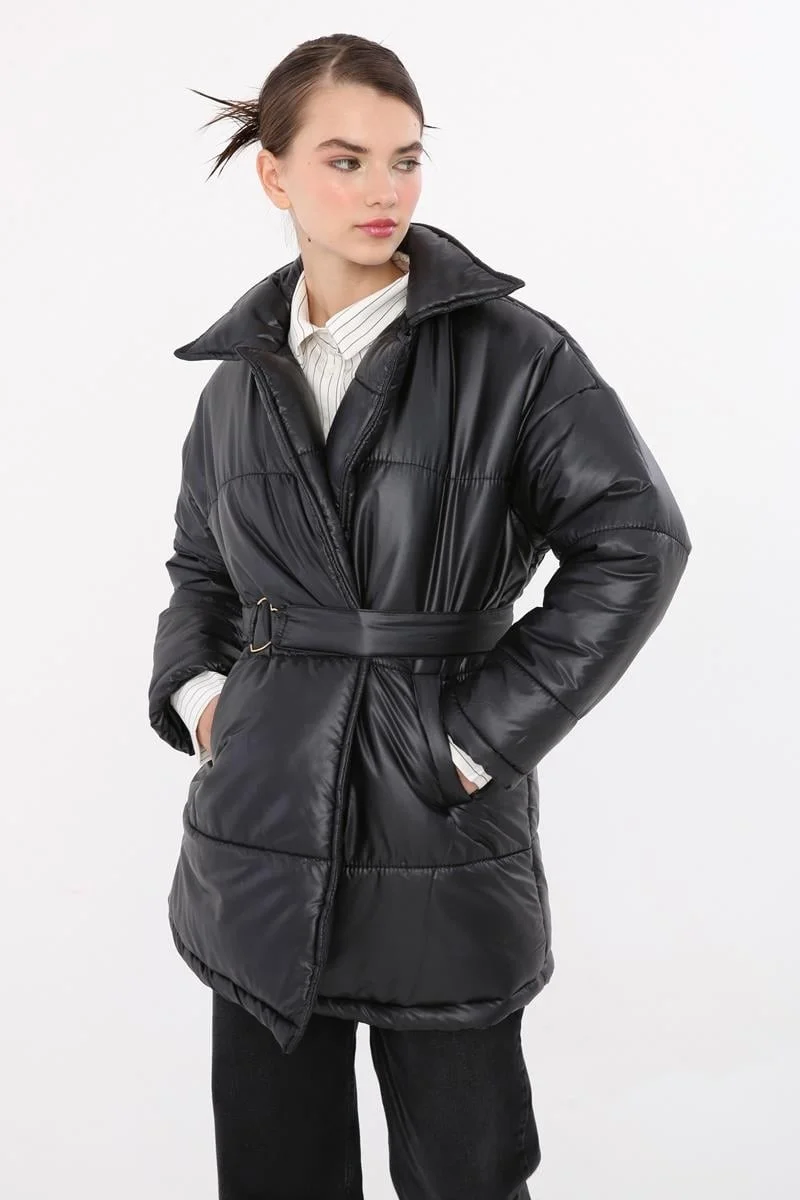 Allday Black-Heart Belt Accessory Puffer Jacket