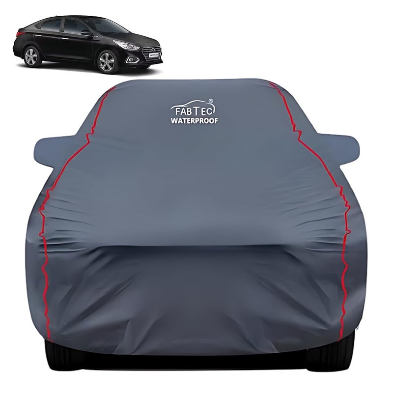 FABTEC Waterproof Premium Car Cover for Hyundai Verna 2018 Super Waterproof Car Body Cover Heavy Duty Durable PEVA Grey with Red Piping - Image 1